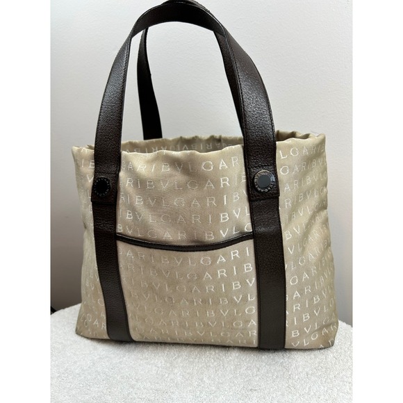 BVLGARI Tote Bag Beige Print Leather Trim Satchel Handbag Tote - Picture 1 of 16